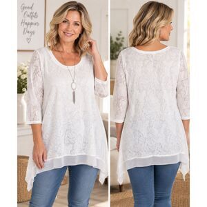 Casual Express XL White Butterfly Burnout Tunic Top 3/4 Sleeve Hi Low NWT #20